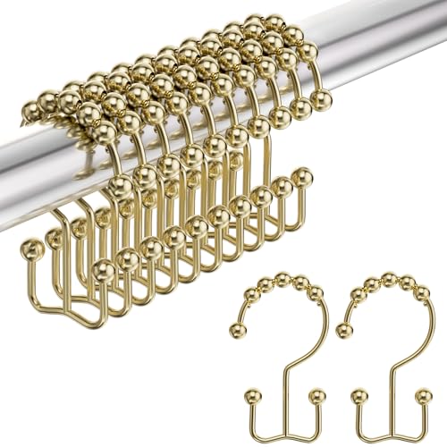 Image of Amazer Gold Shower Curtain Hooks Rings, Stainless Steel Shower Curtain Rings, 12Pcs Double Glide Shower Hooks for Bathroom Shower Curtain Rods Dual Rust-Resistant Shower Rings