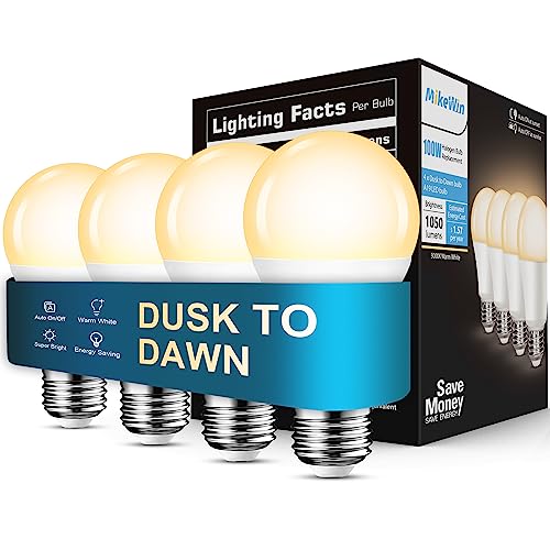 MikeWin Dusk to Dawn Light Bulbs Outdoor, 3000K Warm White, 12W(100W Equivalent) Auto ON/Off Light Sensor LED Lighting Bulb for Wall Lantern, Porch, Boundary, Garage, Patio, Front Door, 4 Pack MikeWin Dusk to Dawn Light Bulbs Outdoor, 3000K Warm White, 12W(100W Equivalent) Auto ON/Off Light Sensor LED Lighting Bulb for Wall Lantern, Porch, Boundary, Garage, Patio, Front Door, 4 Pack