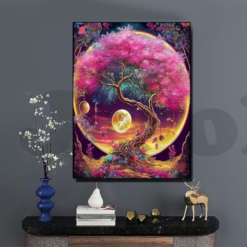 Image of Jasol Diamond Painting Kit, 40x30 Cms, Full Drill, 5D Crystals, Home Wall Decor Gift Set (Moon Tree M45619)