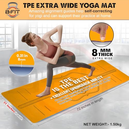 Image of B Fit 8 MM Thick Wide 31x72 Inch Original TPE Yoga Mat - Free Yoga Bag and Strap Included - With Alignment System, Non-slip, Eco-friendly, sweat-resistant (Orange-Black)