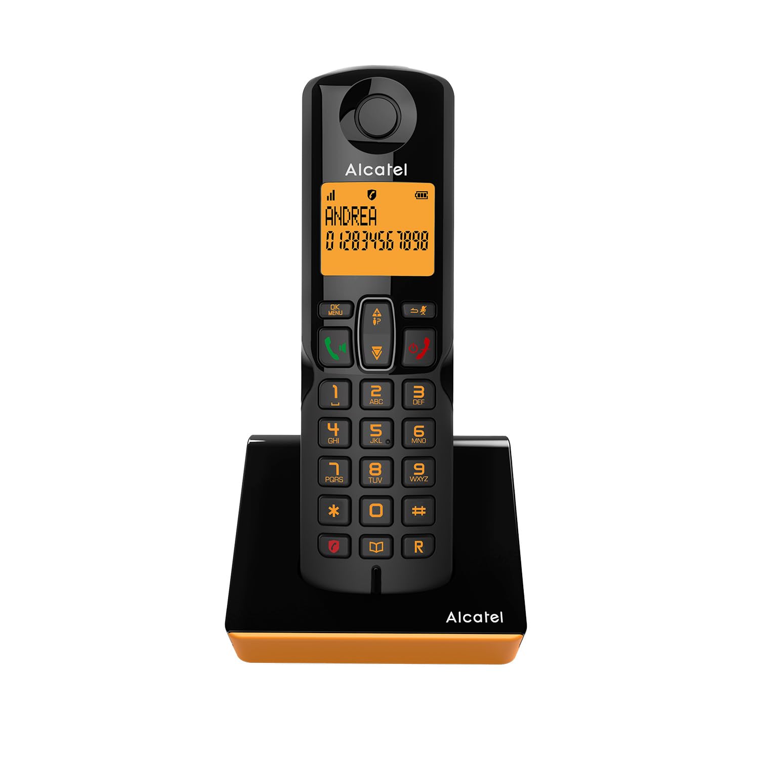 ALCATEL S280 - Telefono Fisso Cordless DECT - Design Compatto - Grande Display Retroilluminato - Vivavoce - Funzione Blocco Chiamate - Rubrica da 50 Contatti - Nero/Arancione