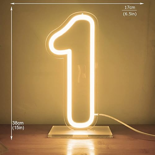 Miniatura 3 de Letrero de neón número 1 para fiesta de primer cumpleaños decoración de pared número LED luz de neón funcionamiento USB luz nocturna regulable 65 x
