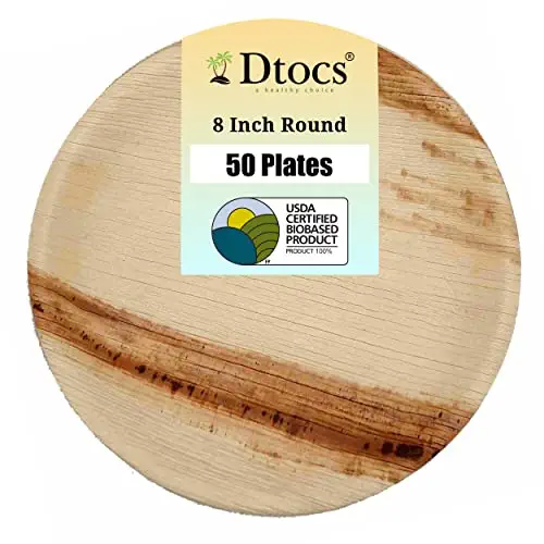Dtocs Palm Leaf Plates 8 Inch Round (Pack 50) | Bamboo Plate Like Eco-Friendly, Biodegradable, Compostable Disposable Dessert Dinner Plate Set for Wedding, Camping, Birthday Party