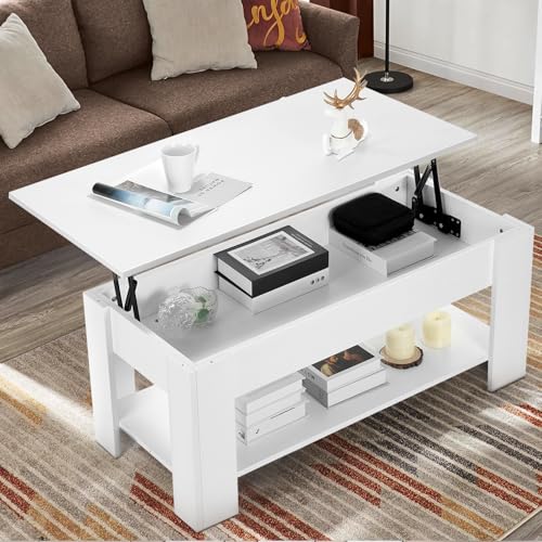 BPMIO Mesa de Centro Elevable y Extensible, Mesa de Salón o Comedor Mesita Cafe con Almacenaje y Estante Almacenamiento Oculto Modernos Blanco 98x50x(42-56) cm