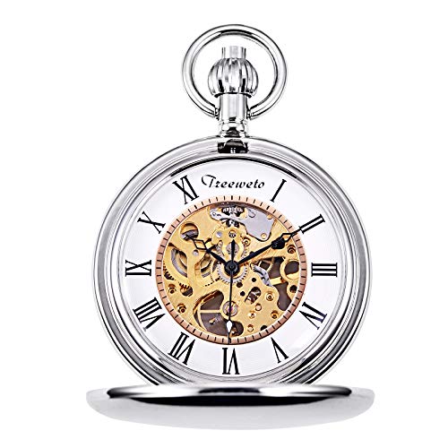 Reloj de bolsillo plateado con movimiento mecánico caja de regalo elegante para aniversarios