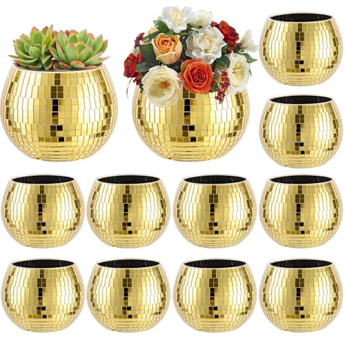 12 Pcs Disco Ball Vases Gold Glass Mirrored Mosaic Disco Planter Flower Holder Centerpiece for Wedding Birthday Party Table Decor Decorative Discos Ball Vase Unique Gift for Plant Lovers (3.5 x 4)