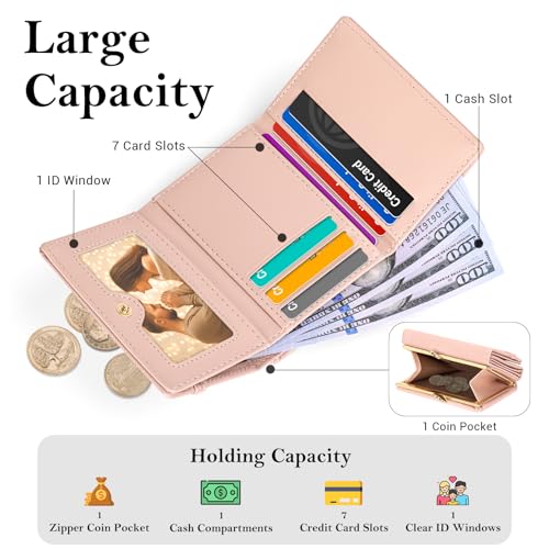 Small Wallets Woman Trifold RFID Blocking Slim Wallet Credit Card Holder Cute Coin Purse with ID Windows (Pink)2