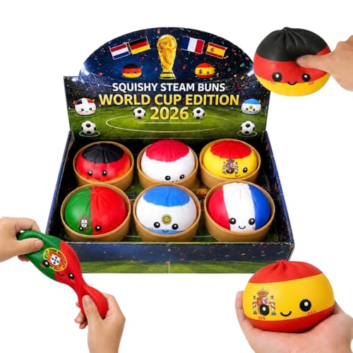 1x World Cup Mystery Squishy Bun 8 5 cm Zufällige Länderflagge Blind Box XXL Anti Stress Ball im Bambus Dampfkorb Fußball Fan Fidget Toy & Knautschball