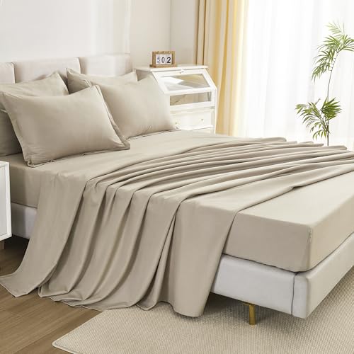 Litanika Super King Comforter Set Oatmeal - 7 Pieces Bed in a Bag Oversized King Bedding Comforter Sets, Solid Lightweight Bed Set with Comforter, Sheets, Pillowcases & Shams