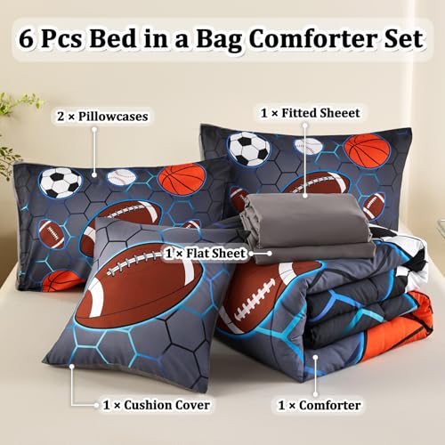Image of 6 Pcs Sports Bedding Set for Boys Twin Comforter Set, Soccer Basketball Baseball Football Boys Bedding Sets with Sheets
