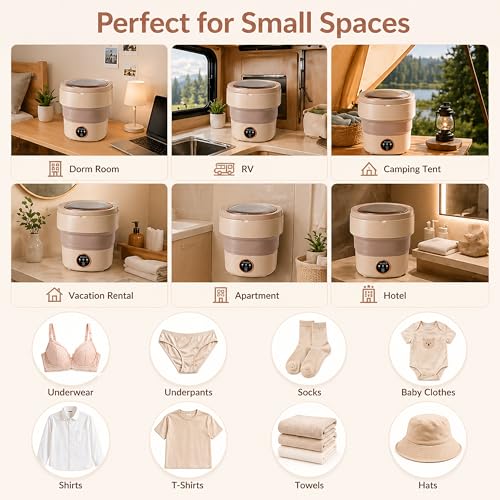 Image of Portable Washing Machine 20L Mini Foldable Washer with Spin Basket, 3 Modes for Travel & Small Spaces (Beige)