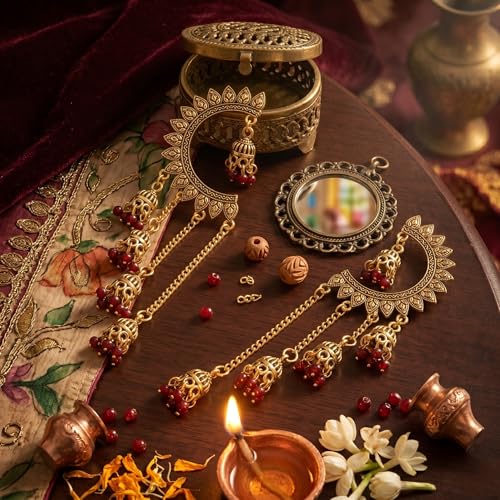 Image of WORLD CRAZE Multicolour long kashmiri jhumka for women chandbali earrings chand baliyan | kashmiri earrings for women | bahubali earrings stylish | Traditional Indian Festive Jewelry | Long Chain Tassels | Pearl Drop Latkan Jewellery (Multi colour)