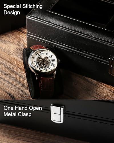 Image of Uten Watch Box, 6 Slots Watch Case, Watch Organizer Jewelry Storage with Large Glass Lid, Black Lining, Watch Display Box for Men & Women Gift