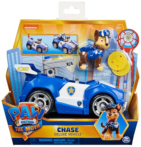 PATRULLA CANINA - COCHE CHASE PATRULLA CANINA LA PELÍCULA - Coche Policía Transformable Deluxe de la Película Patrulla Canina de Chase, 1 figura y 2 proyectiles - 6060434 - Juguetes Niños 3 Años +