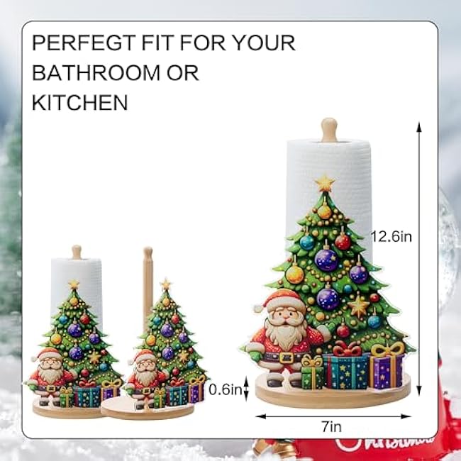Christmas Paper Towel Holder - Wooden Countertop Dispenser with Acrylic Christmas Tree Design, Festive Holiday Kitchen Decor and Paper Towel Organizer