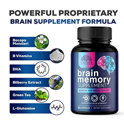 Nootropic Brain Supplements Focus Memory Supplement Pills - Mental Support & Concentration - Brain Health & Energy with B Vitamins, Phosphatidylserine, Nature's Vitamins for Men & Women - 60 Capsules