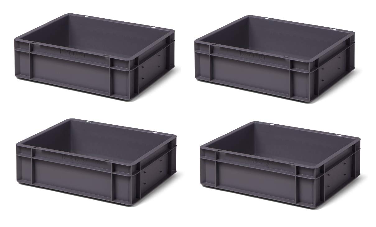 1a-TopStore 4 Stk. Transport-Stapelkasten TK412-0, grau, 400x300x120 mm (LxBxH), aus PP, Volumen: 10 Liter, Traglast: 30 kg, lebensmittelecht, made in Germany, Industriequalität