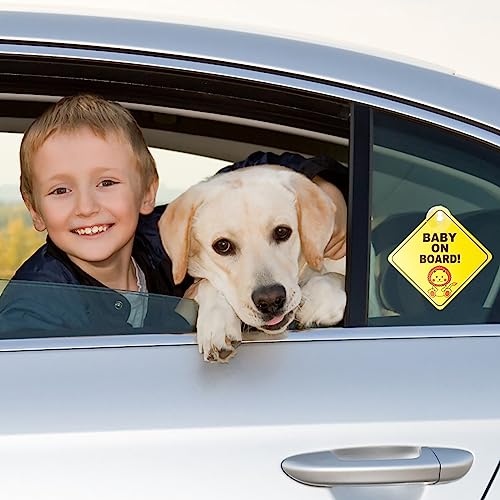 Bewudy Baby on Board Auto Warnschilder, 2pcs 4.7’’x4.7’’ Sicherheits Autoschild mit Saugnäpfen Abnehmbarer Kinder-Sicherheitswarnaufkleber für das Auto Gelb süß Baby on Board Aufkleber Auto (Typ A)