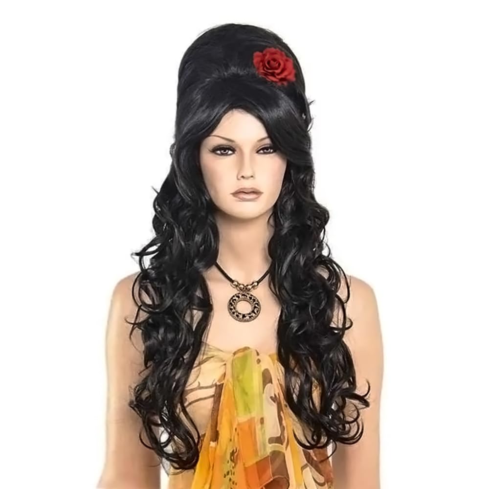 PORSMEER Compatible with Amy Winehouse Wig -Long Black Bouffant Beehive Curly Wig with Red Flower For Women Fancy Dress or 90s Costume Halloween Party - Image 2