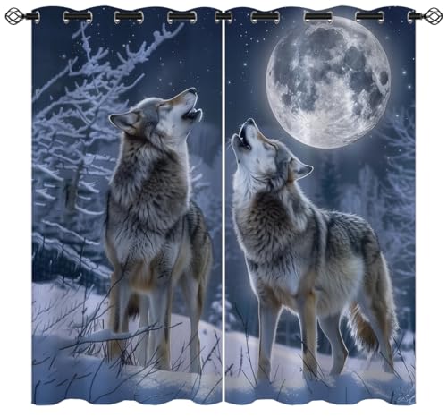 Naiice Wolf Blackout Curtains for Girls Boys Kids Teens Home Decor, The Wolf Howls Moon Night Snow Grommet Thermal Insulated Drapes Darkening Window Curtain for Bedroom Living Room, 63 x 63 Inch