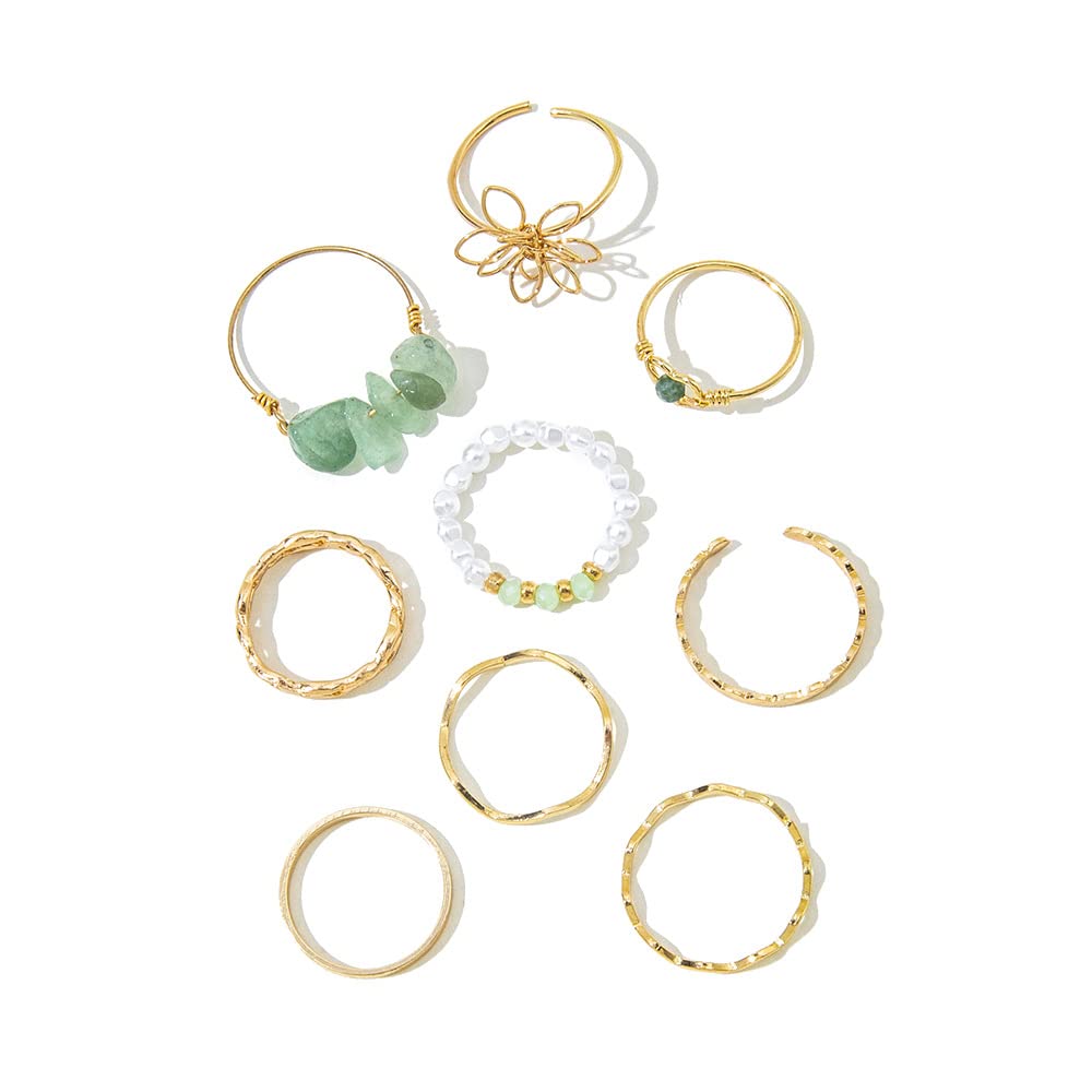 Gold Plated Stone Decor Heart Shaped Trandy 9Pcs Rings Set For Women & Girls-image-45