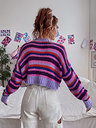 Makemechic Women's Y2K Long Sleeve Sweaters Round Neck Striped Pattern Drop Shoulder Sweater Pullovers Purple L #TOP1