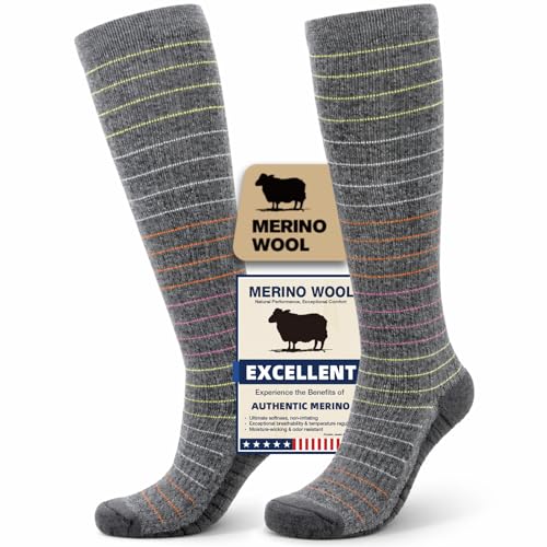 Iambamboo Merino Wool Compression Socks for Women & Men 20-30 mmHg Knee High Dryarn Socks for Flying Travel Running L/XL (Gray Coil)