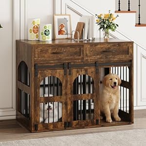 IRONCK Hundekäfig Möbel Hundebox für Zuhause mit 2 Schublade Türen Trennwand, Hundebox Holz Indoor für 2 kleine/mittlere/1 große Hunde, Beistelltisch mit Scheunentür, 106x68x88cm (Vintagebraun)
