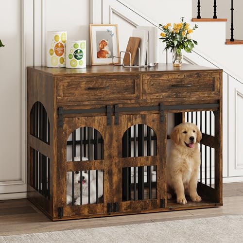 IRONCK Cage pour Chien, Meuble Cage Chien, Coffre en Bois Niche pour Chien Intérieur avec 2 Tiroirs et Cloison, Table d’Appoint 2 Portes pour Chien,...
