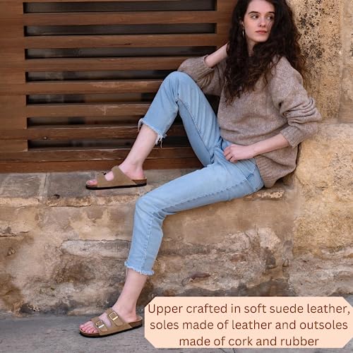 Soft Suede Leather Flat Sandals - Cork Footbed Sandal with Soft Suede Leather - Womens Sandals Comfortable Wear - Comfortable Slip On Cork Footbed Sandals with Adjustable Buckles4