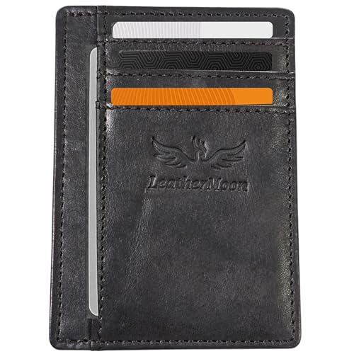 LeatherMoon Slim Minimalist RFID Blocking Front Pocket Leather Wallet for Men and Women, Credit Card Holder with ID Window, Ample Storage, Compact Design, Black