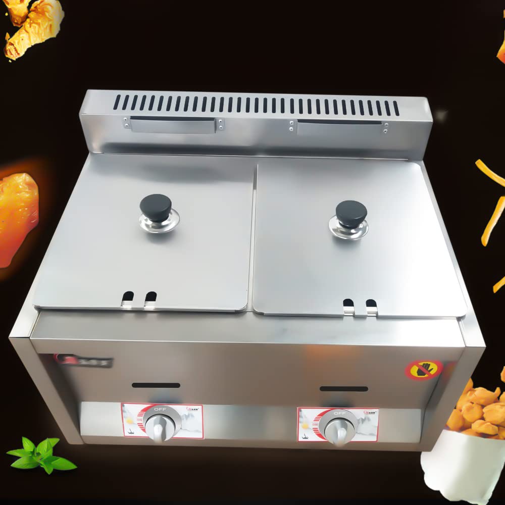 Propane Food Warmer, 2-Pan High Efficiency Commercial Steam Table Food Warmer with 2 Gas Fryers for French Fries Restaurant Home Kitchen, Soup Warmer Adjustable Temp Gas Fryer Steamer (2 * 1.58 gal)