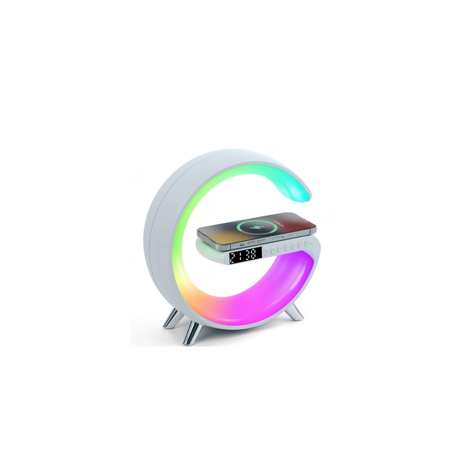 Mall Ki Enterprisei-Zoll Bluetooth Speaker with FM Radio RGB Light Table Lamp Wireless Charger LED Smart Wake Up Light 15W Wireless Charging Loud Speaker for Home Decoration
