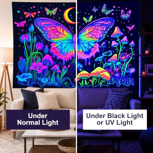 Image of BlissYard Neon Blacklight Tapestry Banner 79x59 Inch Butterfly Mushroom Moon Neon Tapestry Celestial Garden Aesthetic Bohemian Reactive Decor Decration Glow In The Dark Banners Decration Black Light Tapestries