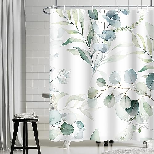 Uiiooazy Shower Curtain, Green, Eucalyptus Shower Curtain, 220 x 180 cm, Blue Leaves, White, Flowers, Plants Shower Curtains - Image 3