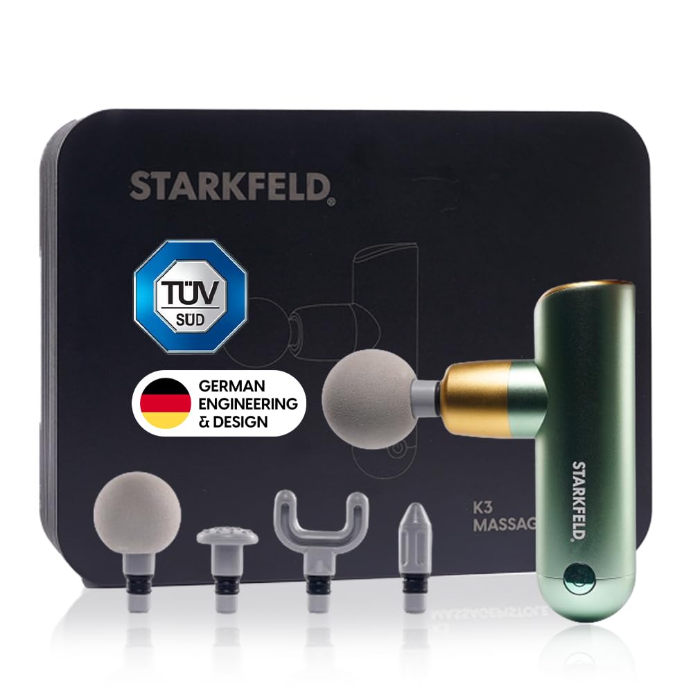 STARKFELD® STARKGUN® DELUXE – wydajny pistolet do masażu głębokich tkanek, cichy i wydajny, 4 końcówki, przenośny, z pudełkiem do przechowywania, szybka regeneracja mięśni i łagodzenie bólu (zielony)
