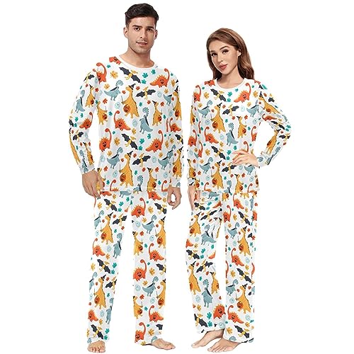Unisex Pajama Set Cartoon Dinosaurs Halloween Family Matching Long Sleeve 2 Piece Sleep Lounge Set for Men & Women