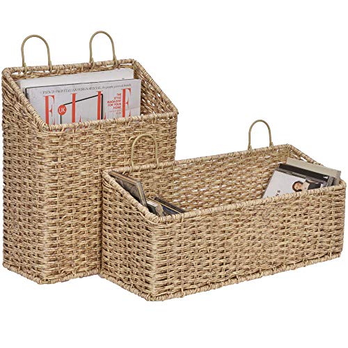 StorageWorks Hand-Woven Imitation Wicker Hanging Baskets, Storage Baskets for Bathroom, Hanging Wall Storage Baskets, Magazine Racks for Home Office, Shortbread Yellow, 2-Pack