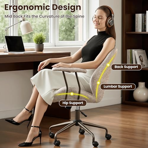 Image of ovios Ergonomic Office Chair, Mid Back Faux Leather Executive Chairs with Armrests, Comfy Mid-Century Modern Swivel Rolling Computer Armchair (Beige, Suede Leather)