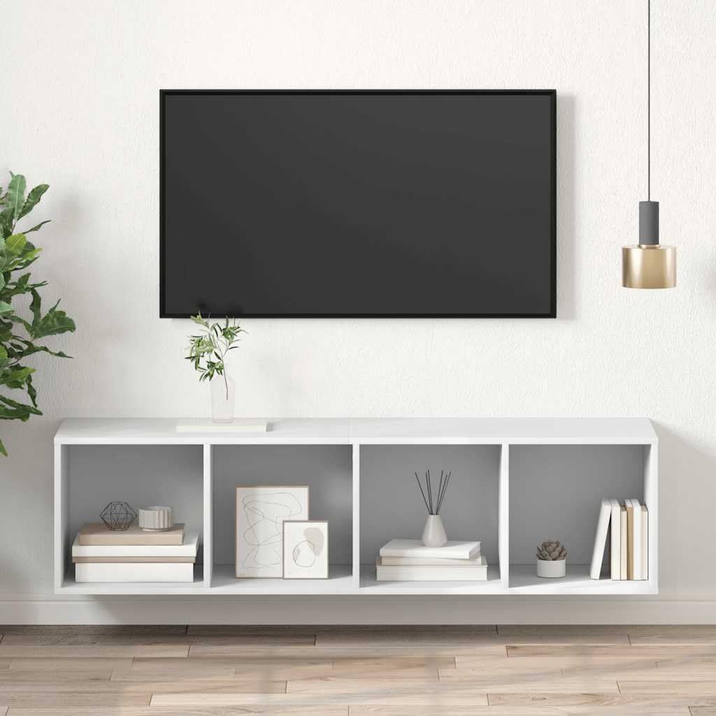 Mueble de TV blanco 37 x 37 x 142,5 cm, mueble de TV colgante de madera con 4 compartimentos, diseño moderno y construcción robusta para salón, dormitorio, oficina