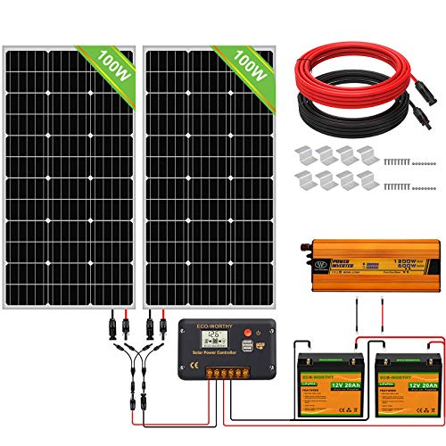 ECO-WORTHY Solar Power System for RV Off Grid Solar Panel Kit with Battery and Inverter : 2pcs 100W 12V Solar Panel + 20A Charge Controller + 2pcs 20Ah Lithium Battery + 600W Solar Inverter