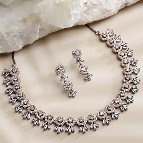 Image of ZENEME Women American Diamond Studded Necklace With Earring Detailing Jewellery Set For Women and Girl