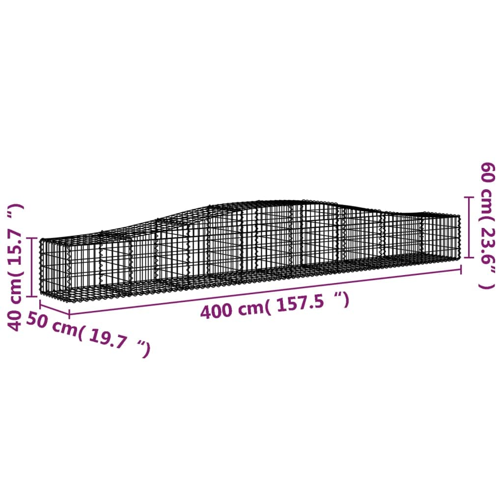 Kosze gabionowe łukowe, 7 sztuk, dźwiękochłonne bariery ogrodowe z ocynkowanego żelaza 400 x 50 x 40/60 cm, gabiony z drutem 3,5 mm do skał i żwiru