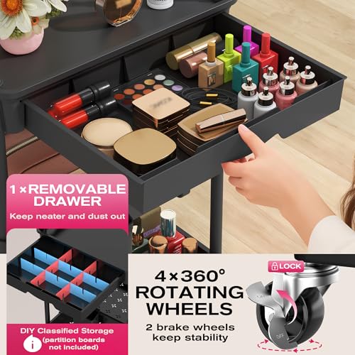 Image of Goovilla Rolling Makeup Organizer Cart with Removable Drawer, 3 Tier Stable Black Floor Skincare Storage Cart for Vanity, Cosmetic Display, Nail Polish, Perfume, Hair Stuff, Beauty, Bathroom(Plastic)
