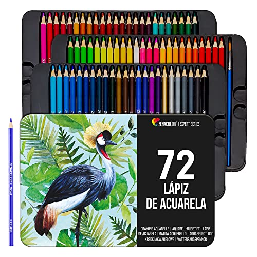 Zenacolor 72 Lapices Acuarelables Pincel y Maletin de Metal Kit de Lápices de Colores - 72 Colores Únicos - Coloreado para Adultos, Artistas Principiantes y Expertos