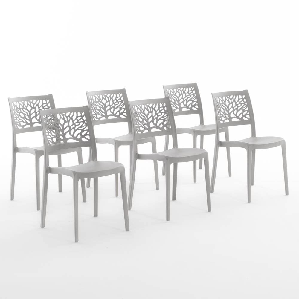 SIEDITI FUORI E DENTRO 6 x Grey Polypropylene Indoor Outdoor Chairs | Flora tree of life chair for kitchen, garden, bar and restaurant. Easy to clean, no assembly, stackable.