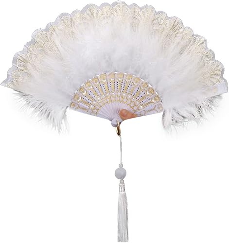 Abanico de plumas de los años 20, estilo vintage, plegable, abanico de mano, pintura de flores bordadas con borlas para disfraces, espectáculo de