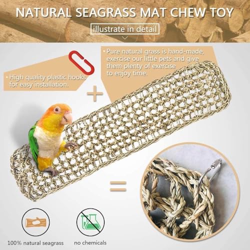 Image of 2Pcs Bird Seagrass Mat 30 x 7 inch Natural Grass Woven Net Hammock with Hooks Climbing Rope Ladder Chew Toys Hanging on Parrot Cage for Lovebird Pigeon Cockatiel Conure Budgie Cockatoo