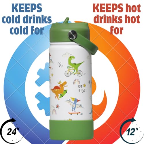 Image of TOM & BELL Insulated Water Bottle for Kids 500ml,Double Wall Water Bottle for School, Sipper Bottle,Hot and Cold, Premium 304 Stainless Steel (Dinosaurs, 500ml)