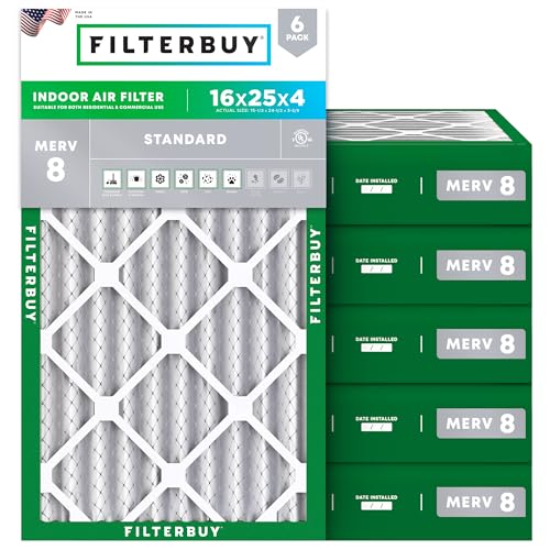 Filterbuy 16x25x4 Air Filter MERV 8 Essential Dust & Allergy Defense (6-Pack) Electrostatic Pleated HVAC AC Furnace Filters Replacement Made in USA (Actual Size: 15.50 x 24.50 x 3.63)